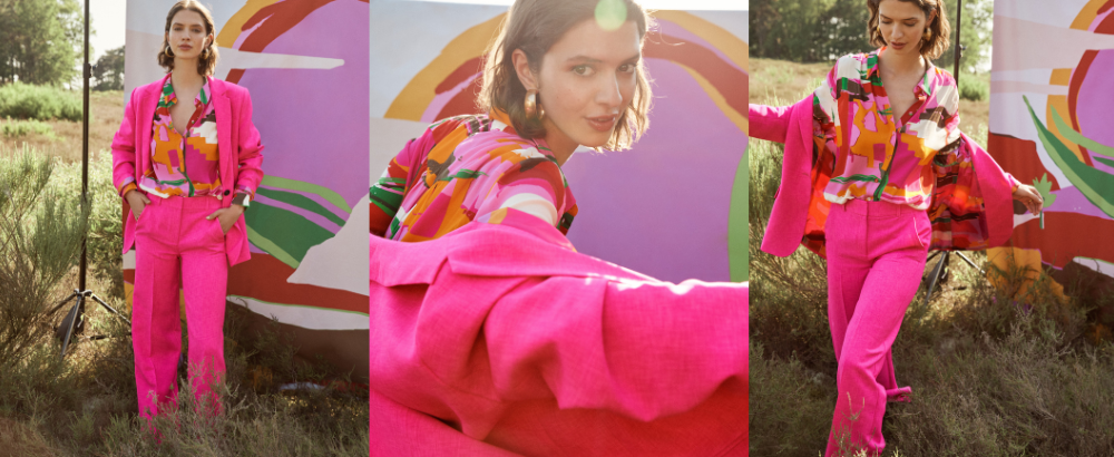 Pom Amsterdam hot pink blazer with bright patterned and colourful lining